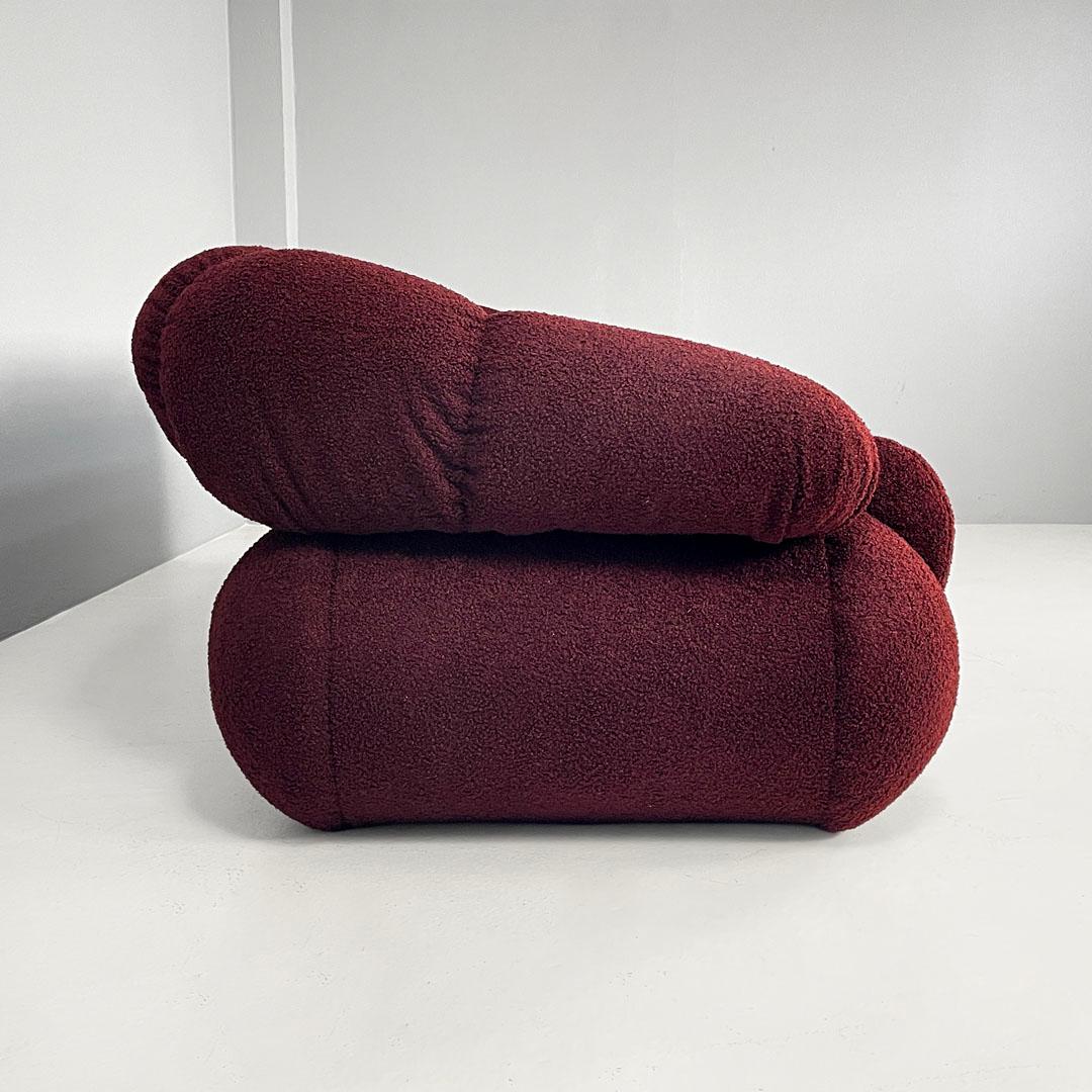 Fabric Italian modern three-seat sofa in burgundy teddy fabric, 1970s For Sale
