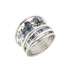 Italian Modern Topaz Blue Sapphire Diamond Cocktail White 18k Gold Ring for Her