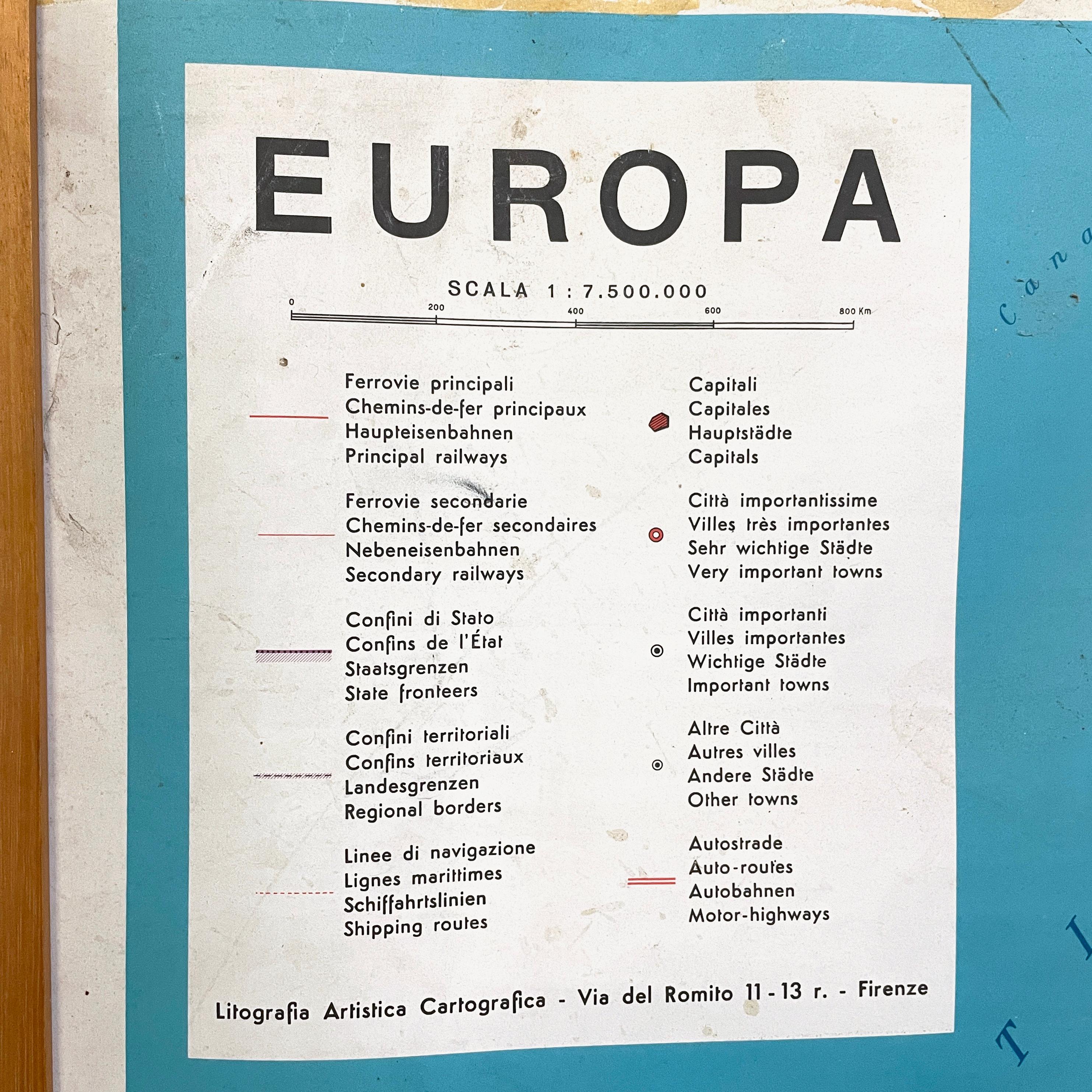 Bois Carte géographique topographique italienne moderne de l'Europe dans un cadre en bois, années 1950-1990 en vente