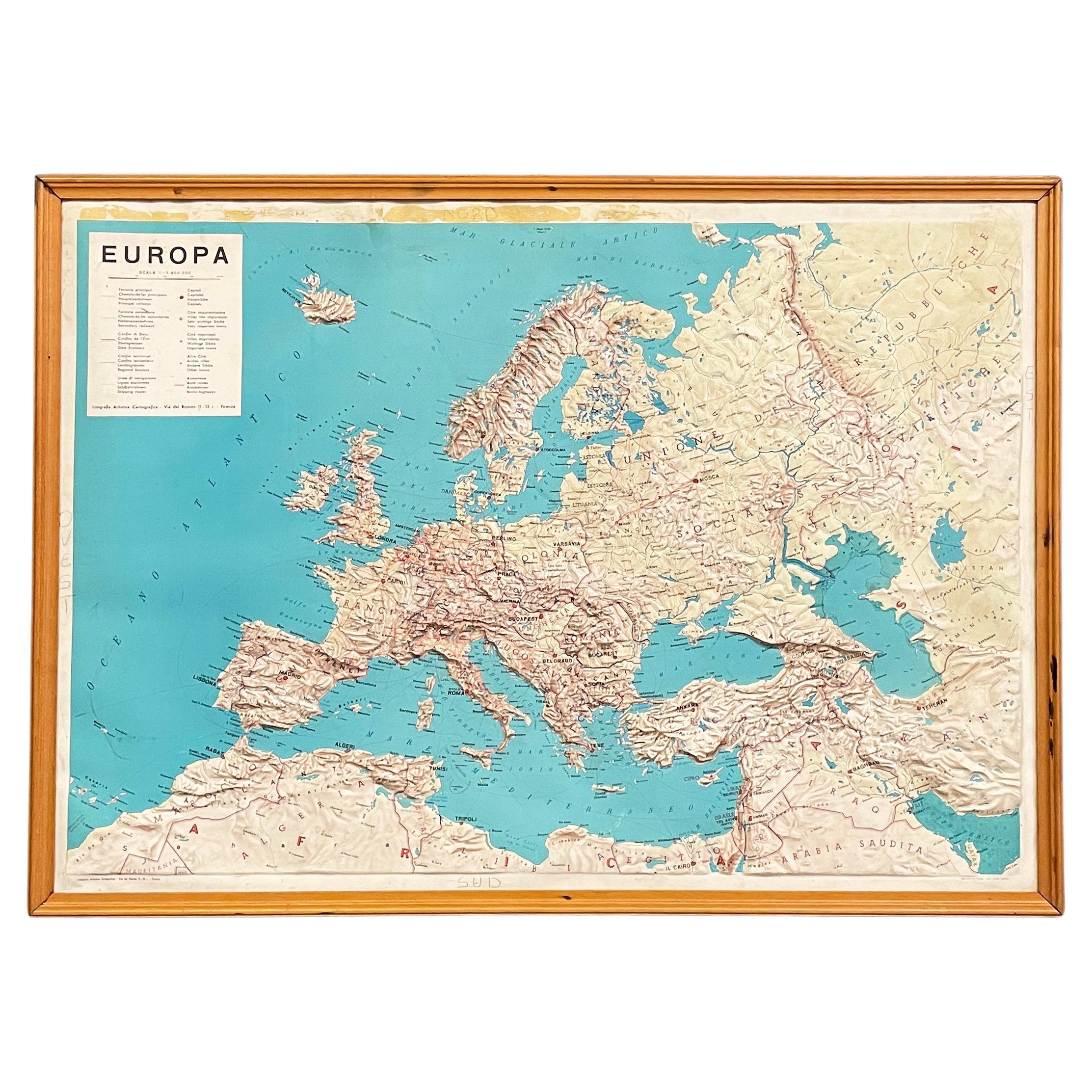 Italian modern Topographic geographical map in wood frame of Europe, 1950s-1990s