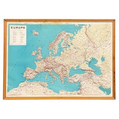Italian modern Topographic geographical map in wood frame of Europe, 1950s-1990s