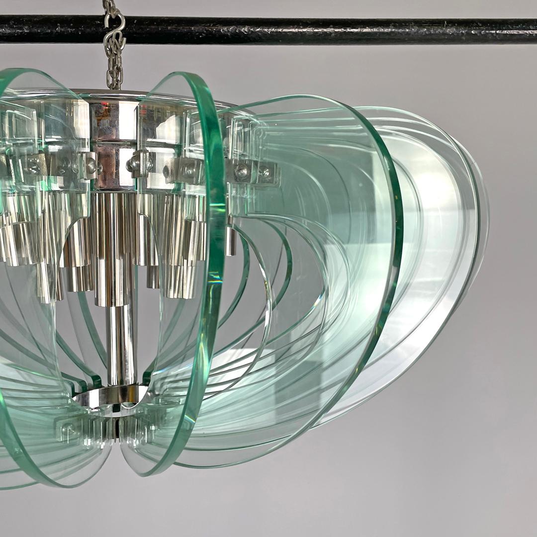Lampadario moderno italiano in vetro trasparente arrotondato e metallo cromato, anni '70 in vendita 4