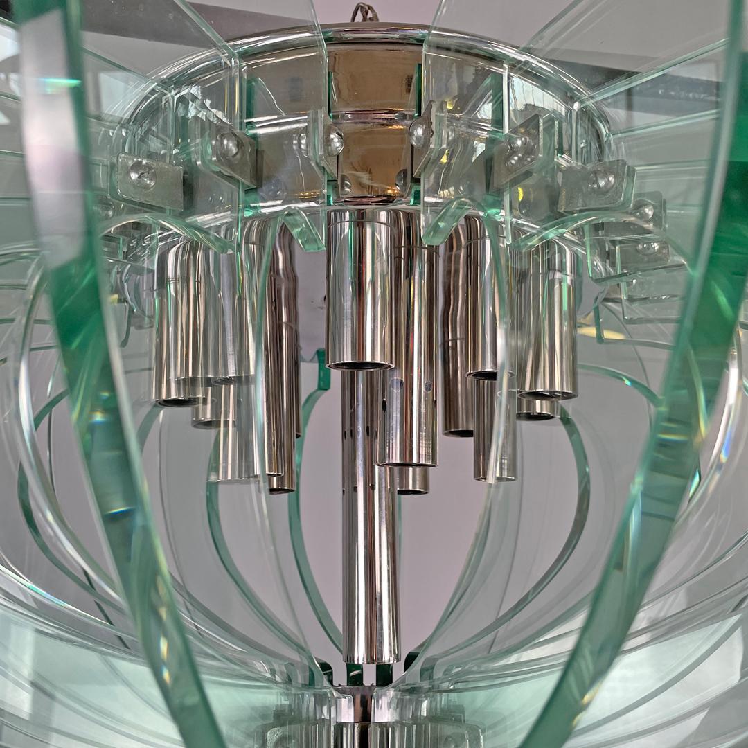 Lampadario moderno italiano in vetro trasparente arrotondato e metallo cromato, anni '70 in vendita 7