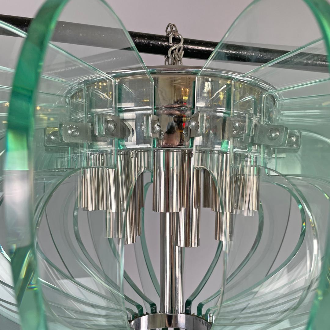 Lampadario moderno italiano in vetro trasparente arrotondato e metallo cromato, anni '70 in vendita 8