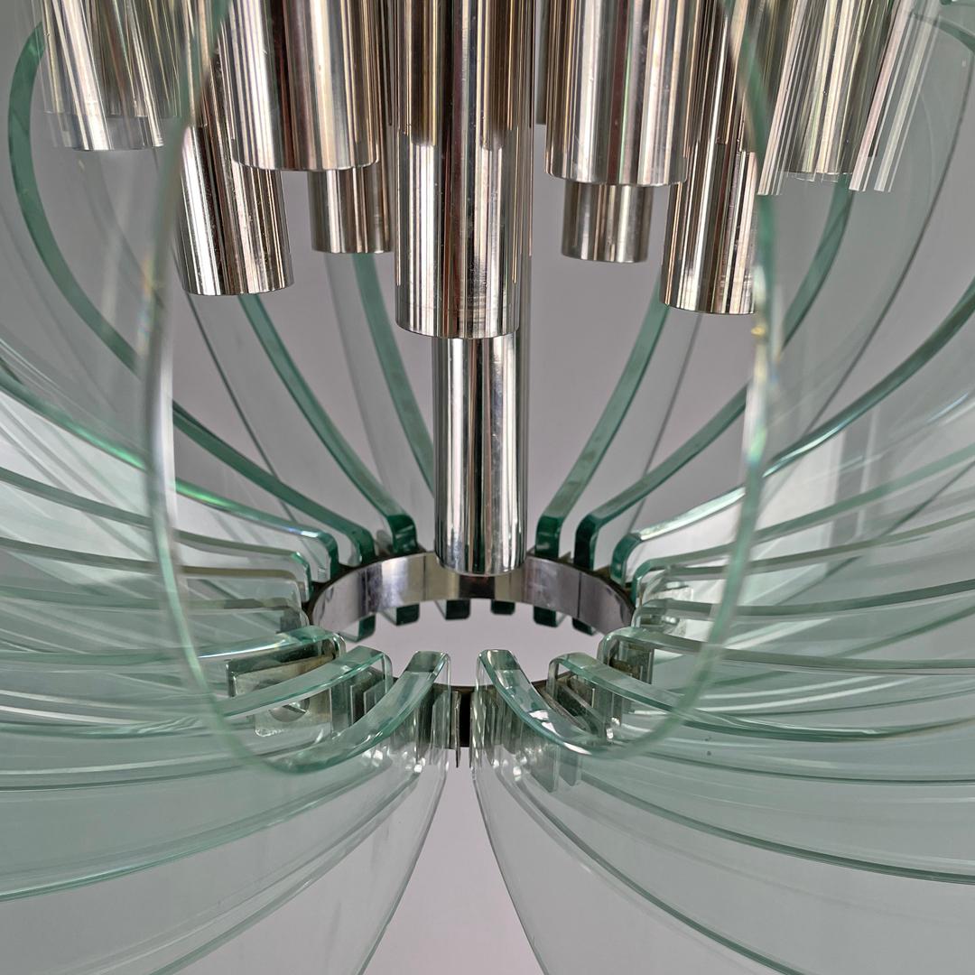 Lampadario moderno italiano in vetro trasparente arrotondato e metallo cromato, anni '70 in vendita 10