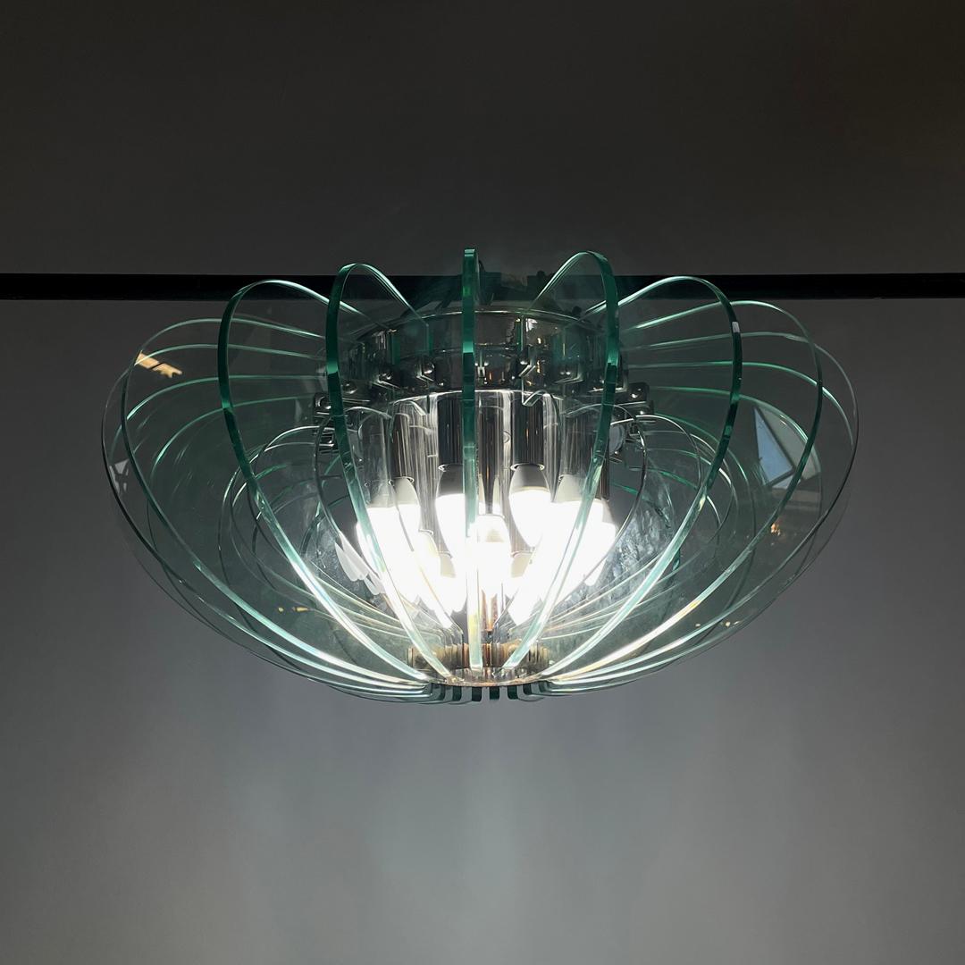 Moderno Lampadario moderno italiano in vetro trasparente arrotondato e metallo cromato, anni '70 in vendita