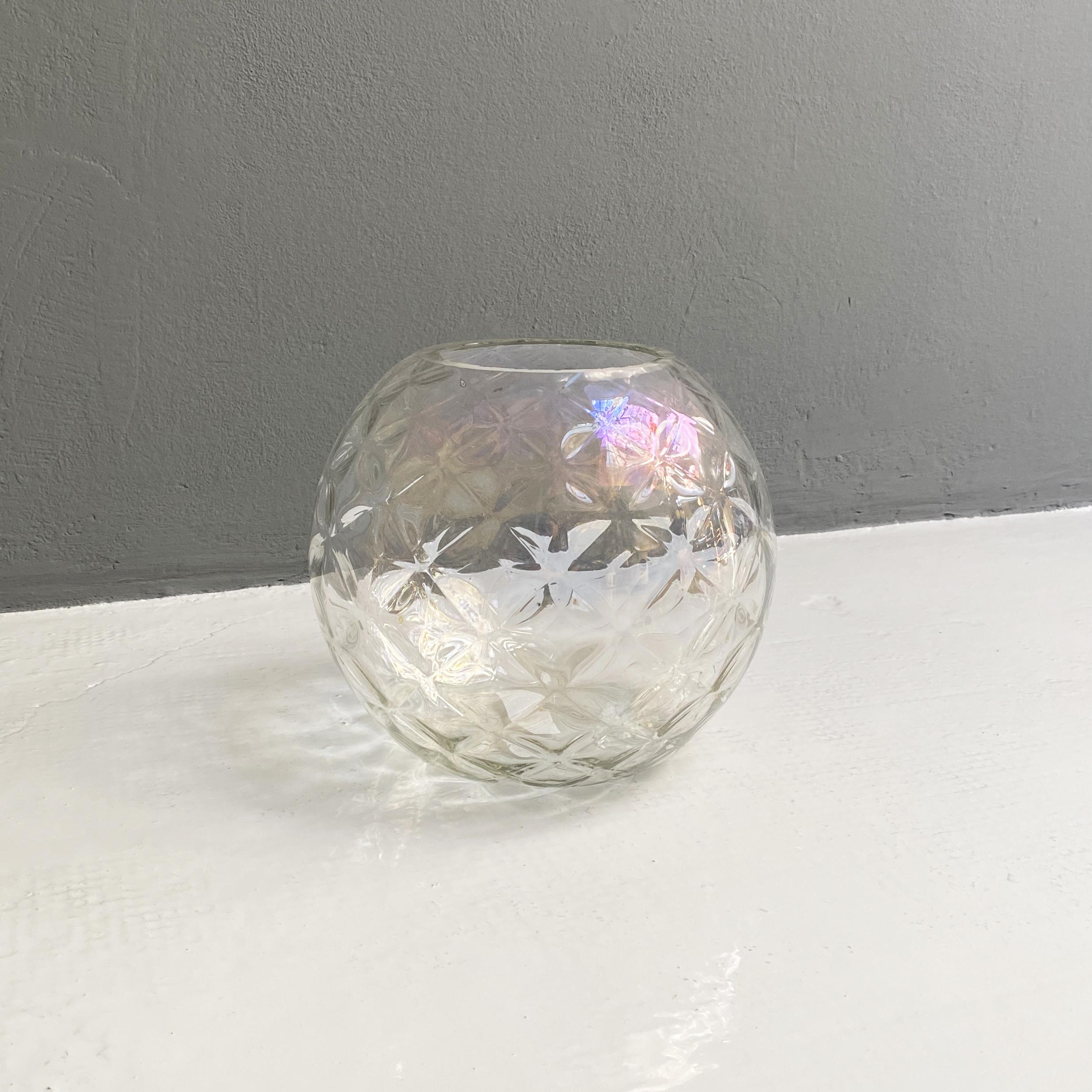 Late 20th Century Italian Modern Transparent Spherical Glass Vase with Rhomboidal Motifs, 1980s For Sale