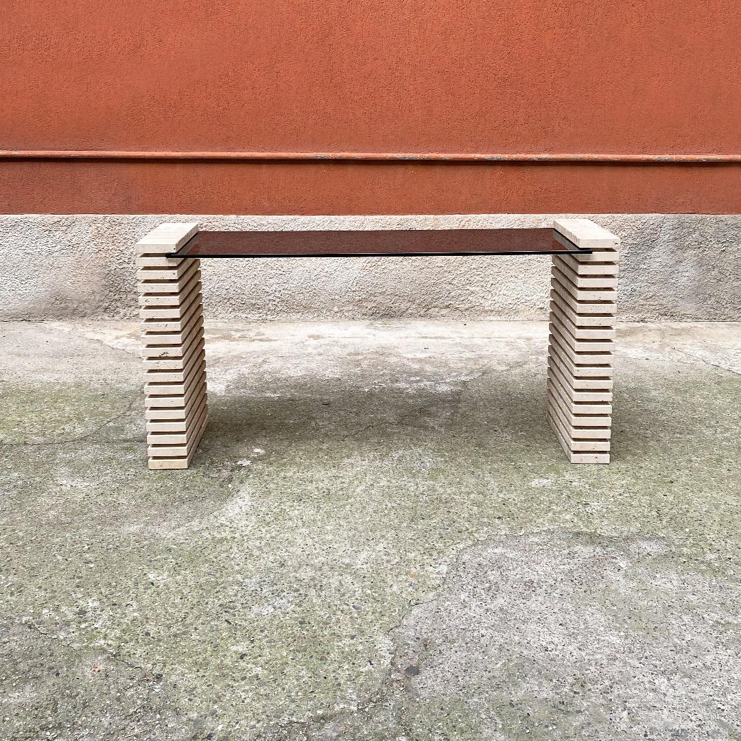 Italian Modern Travertine and Adjustable Smoked Glass Consolle, 1970s In Good Condition For Sale In MIlano, IT