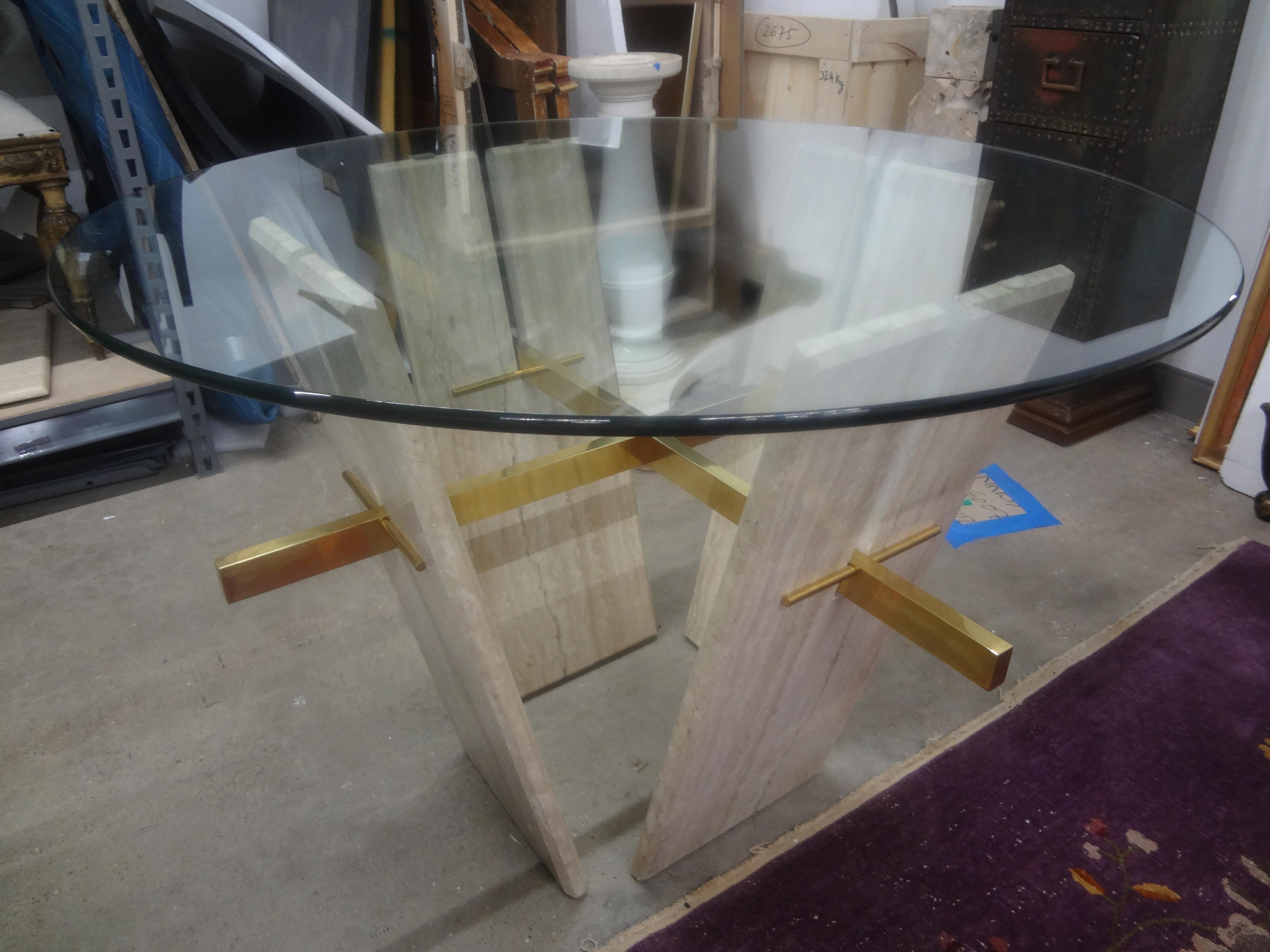 Italian Modern Travertine And Brass Table For Sale 7