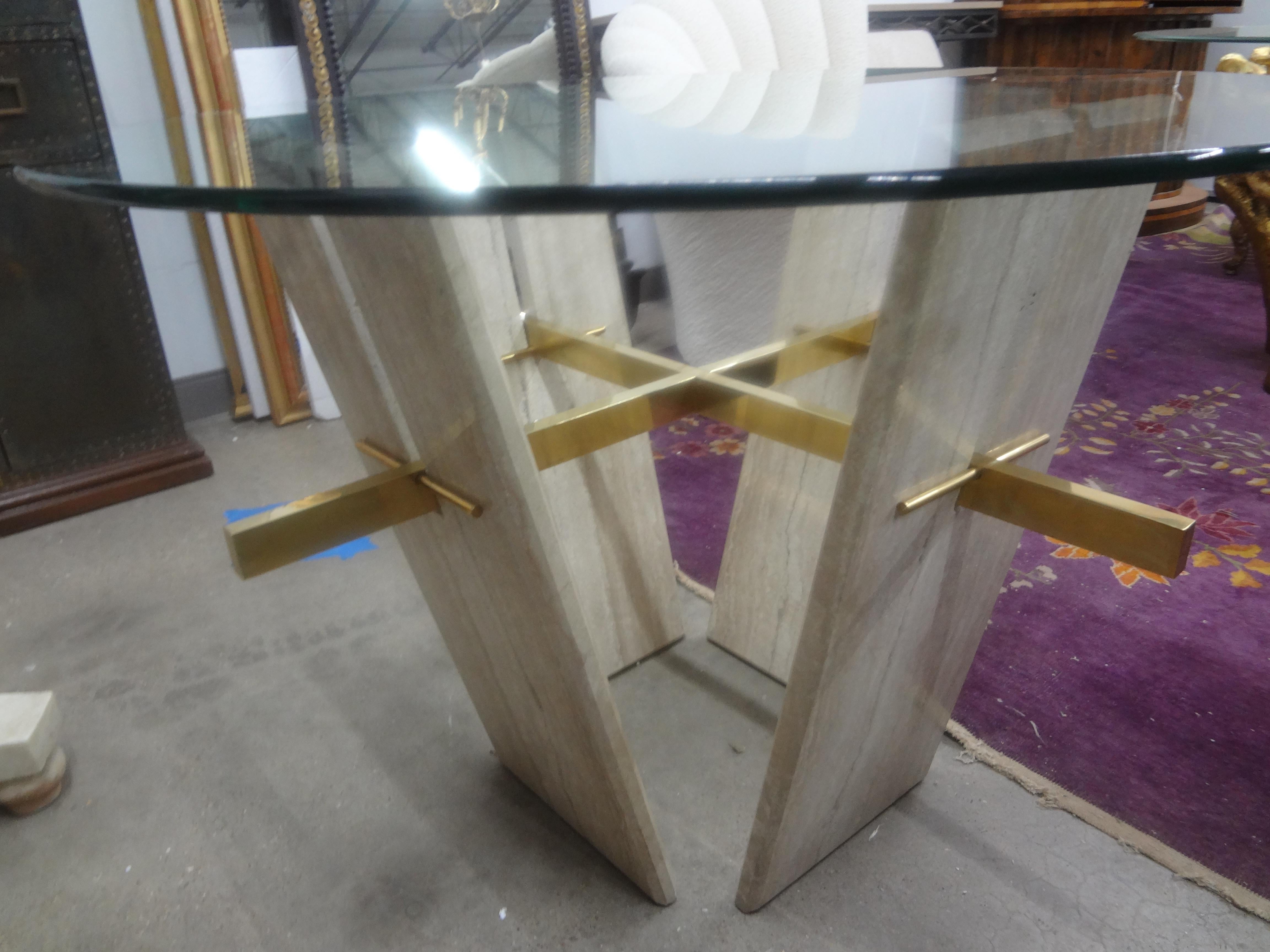 Italian Modern Travertine And Brass Table For Sale 1