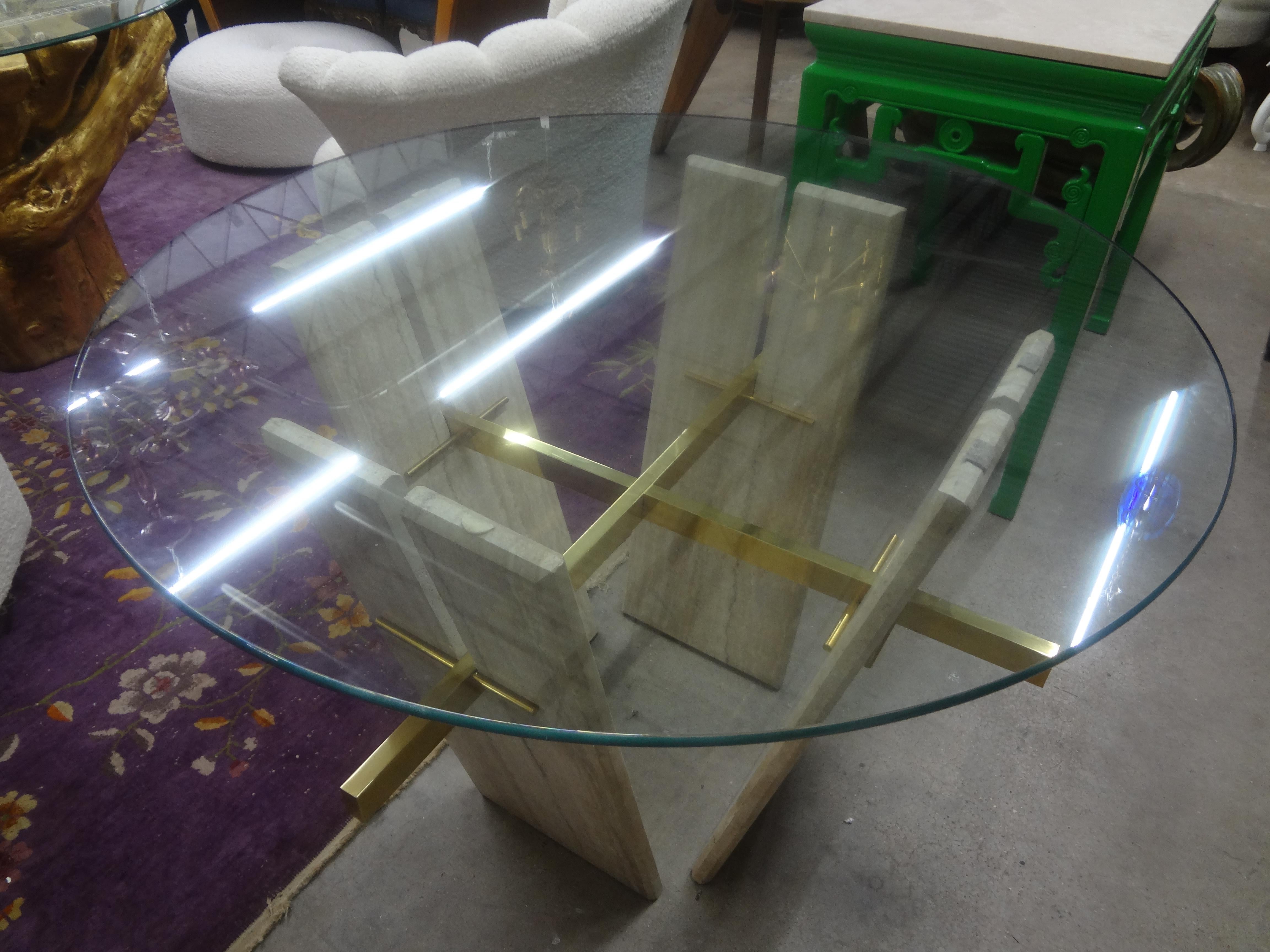 Italian Modern Travertine And Brass Table For Sale 4