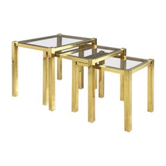 Trio de tables basses modernes italiennes en laiton et verre fumé, années 1970