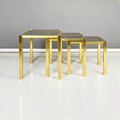 Italian Modern Trio of coffee Tables in Brass and Smoked Glass, 1970s