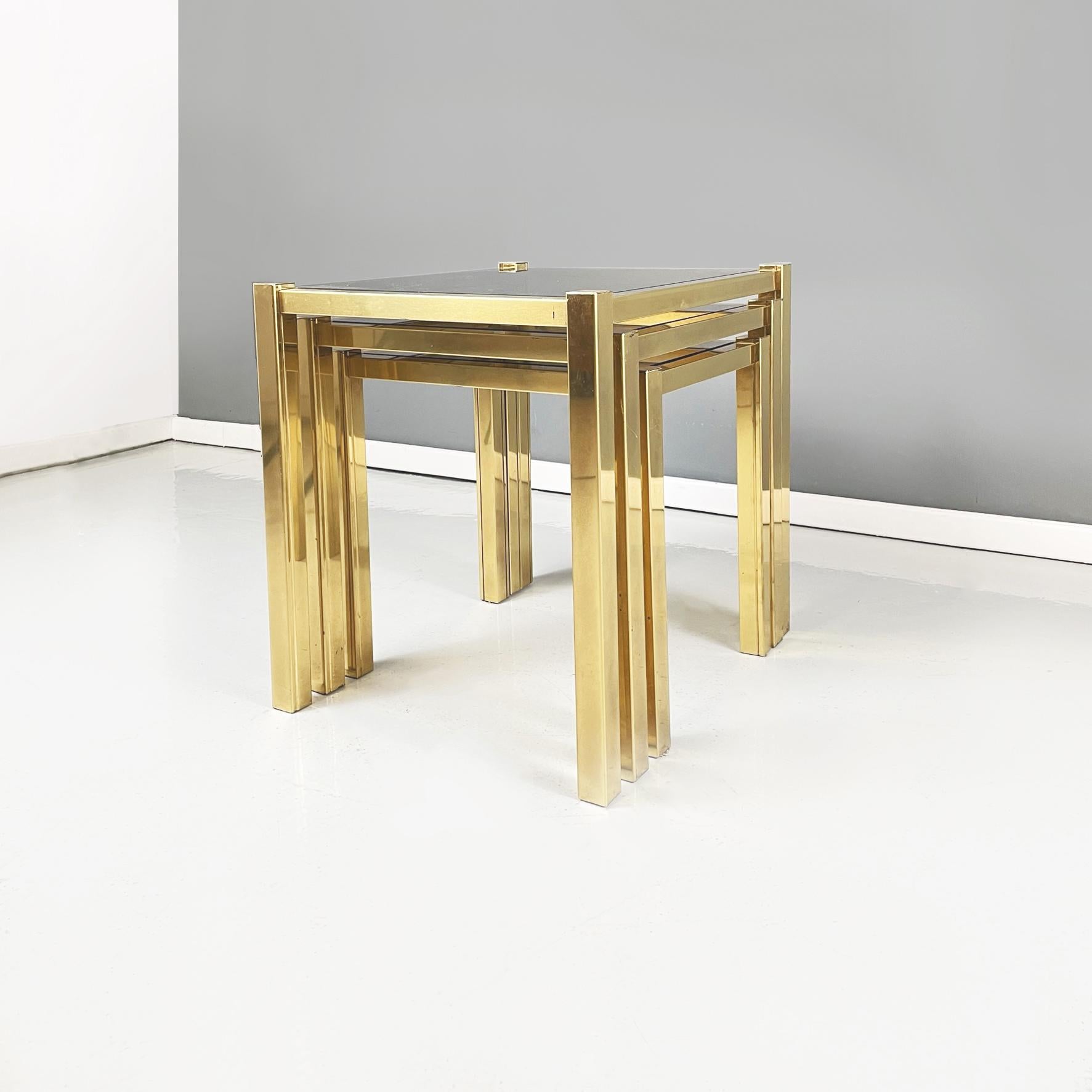 Italian Modern Trio of coffee Tables in Brass and Smoked Glass, 1970s For Sale 1