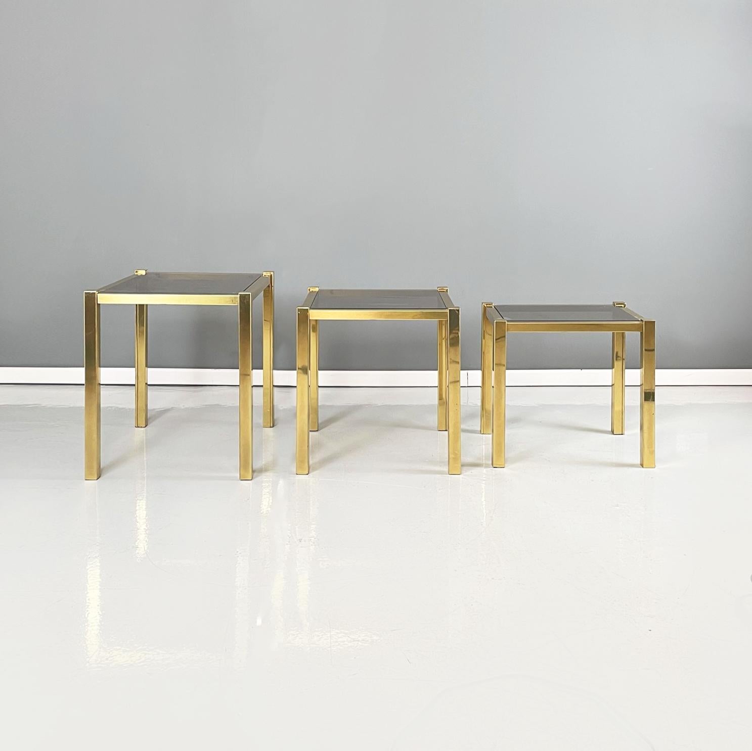 Italian Modern Trio of coffee Tables in Brass and Smoked Glass, 1970s For Sale 2