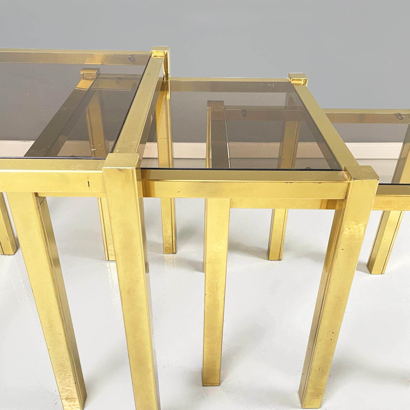 Italian Modern Trio of coffee Tables in Brass and Smoked Glass, 1970s For Sale 3