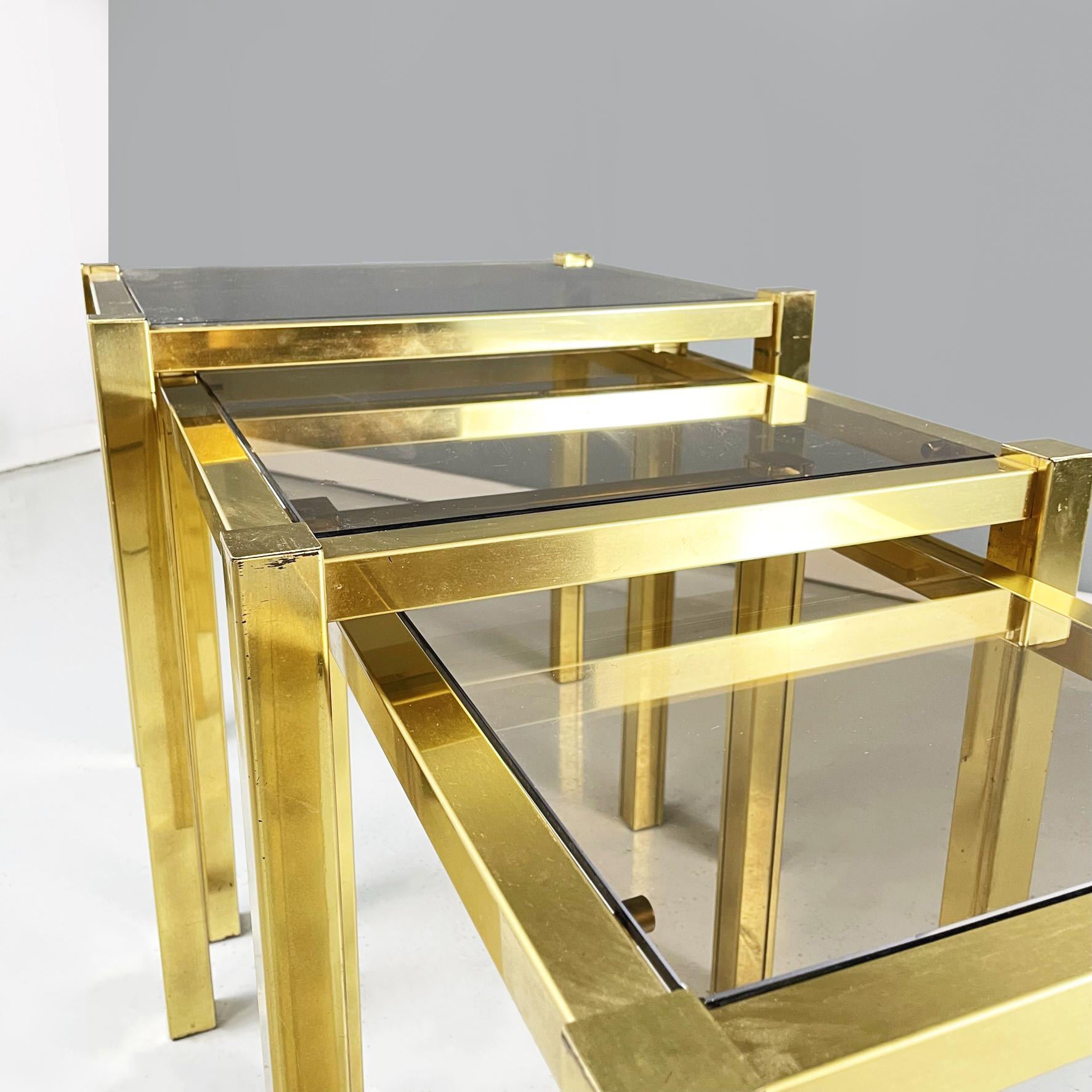 Italian Modern Trio of coffee Tables in Brass and Smoked Glass, 1970s For Sale 4