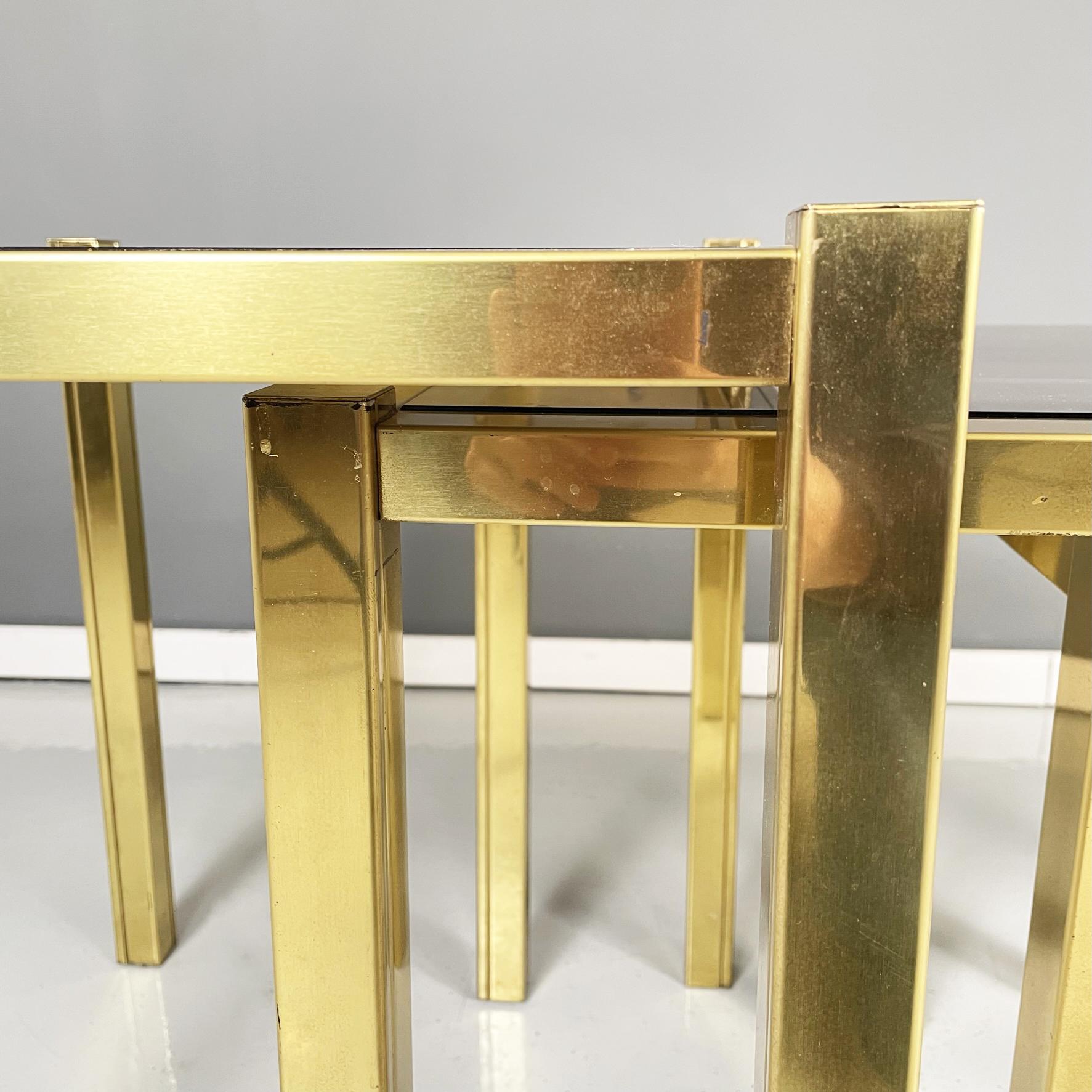 Italian Modern Trio of coffee Tables in Brass and Smoked Glass, 1970s For Sale 5