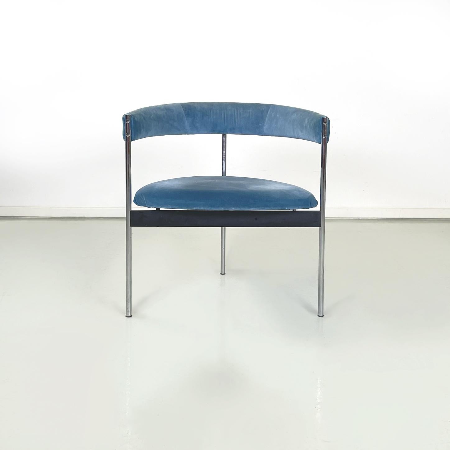 Italian modern Tub chairs in blue velvet and chromed metal, 1980s
Set of 4 tub chairs with backrest and seat, padded and  upholstered in teal blue velvet. The 3 legs are in tubular chromed metal. Structure under the seat of the T-shaped chair in