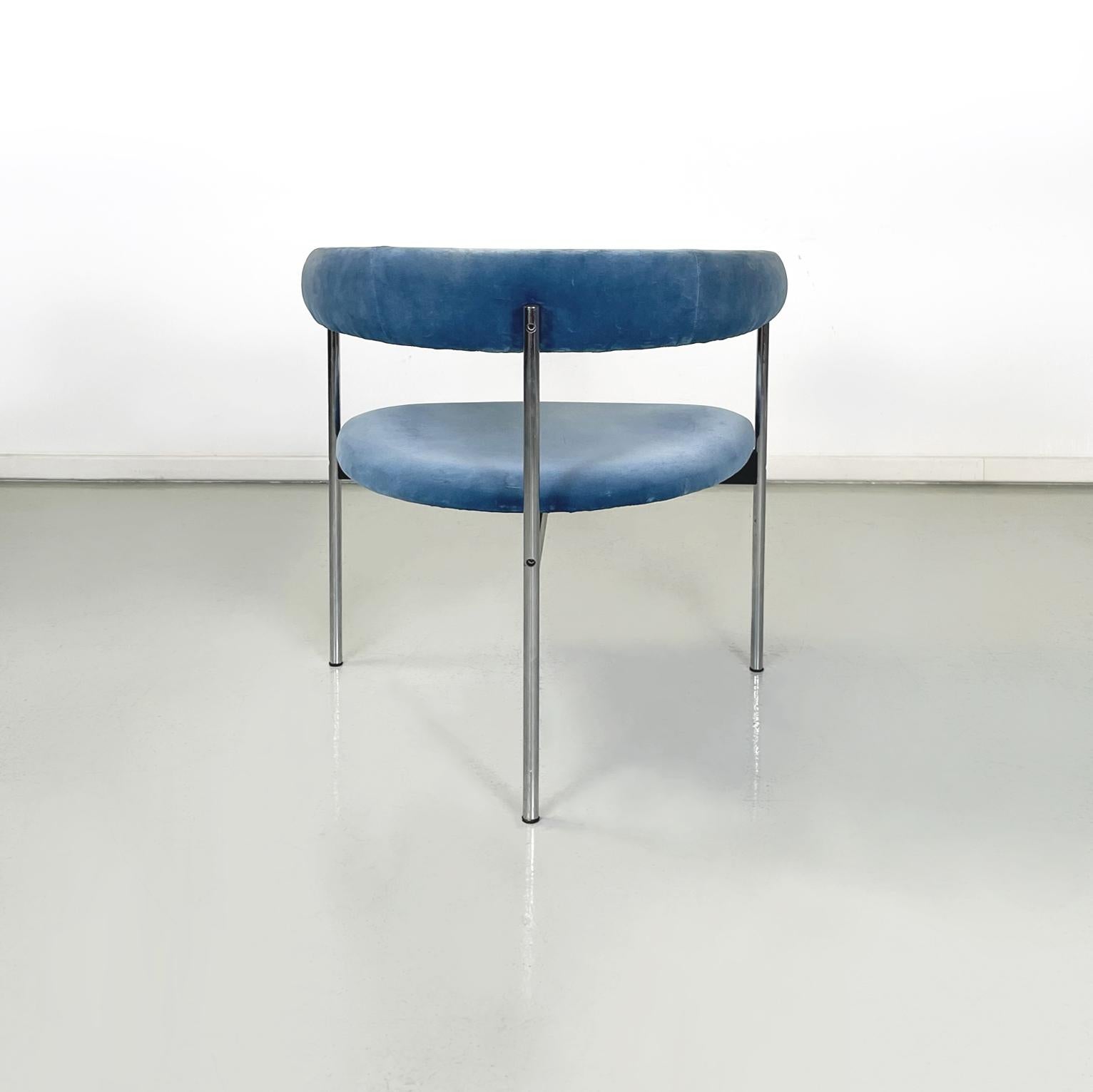 Italian modern Tub chairs in blue velvet and chromed metal, 1980s In Good Condition In MIlano, IT