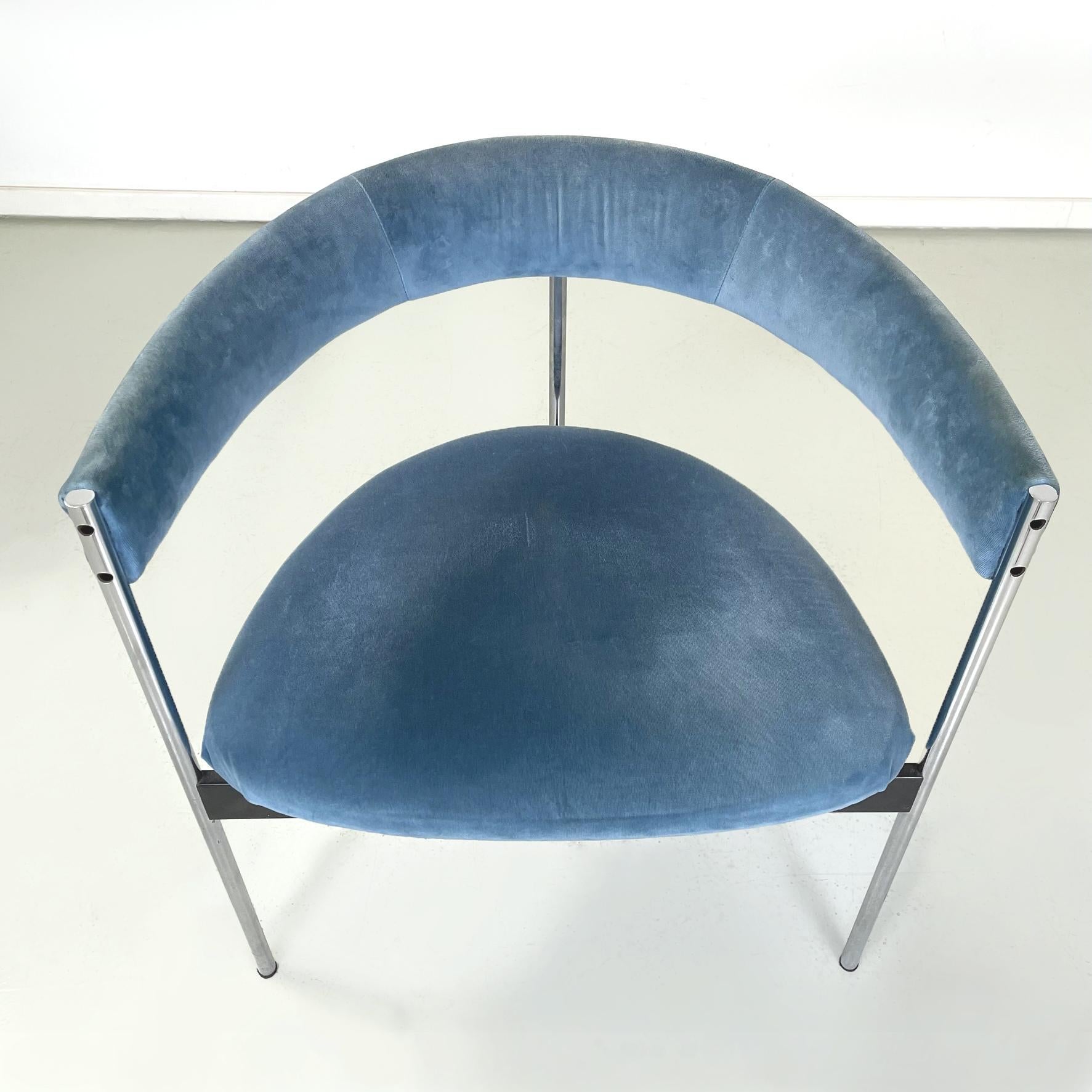 Metal Italian modern Tub chairs in blue velvet and chromed metal, 1980s