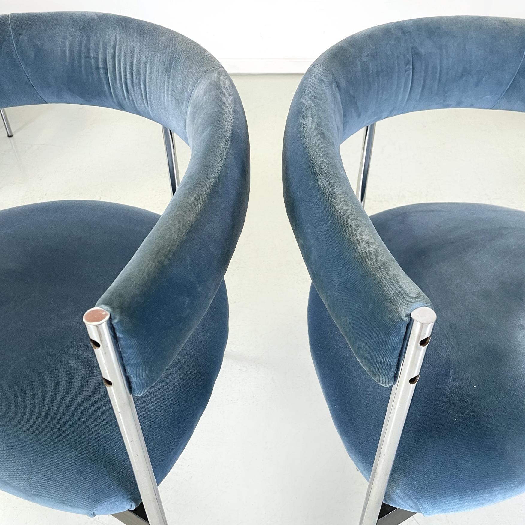 Italian modern Tub chairs in blue velvet and chromed metal, 1980s 1