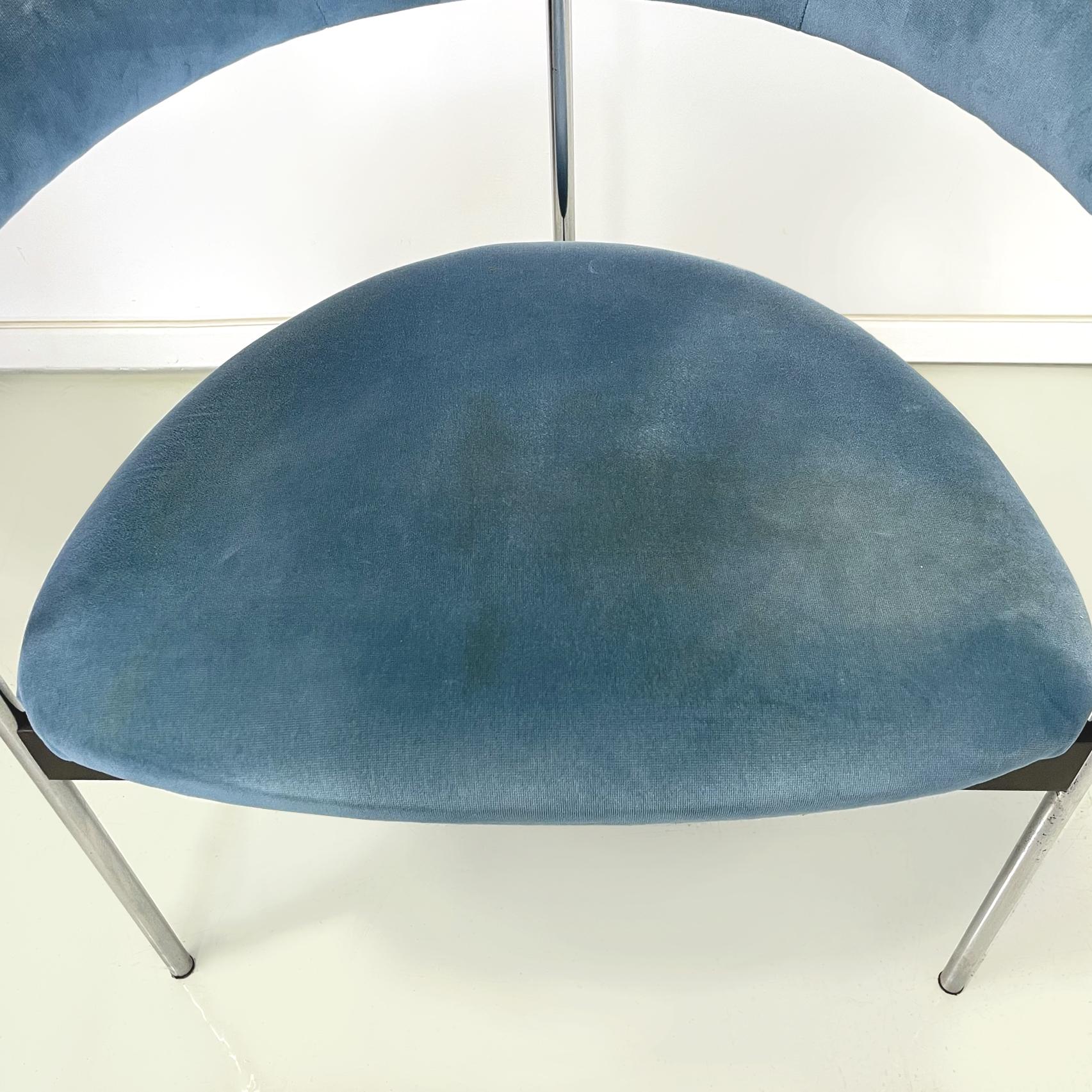 Italian modern Tub chairs in blue velvet and chromed metal, 1980s 2