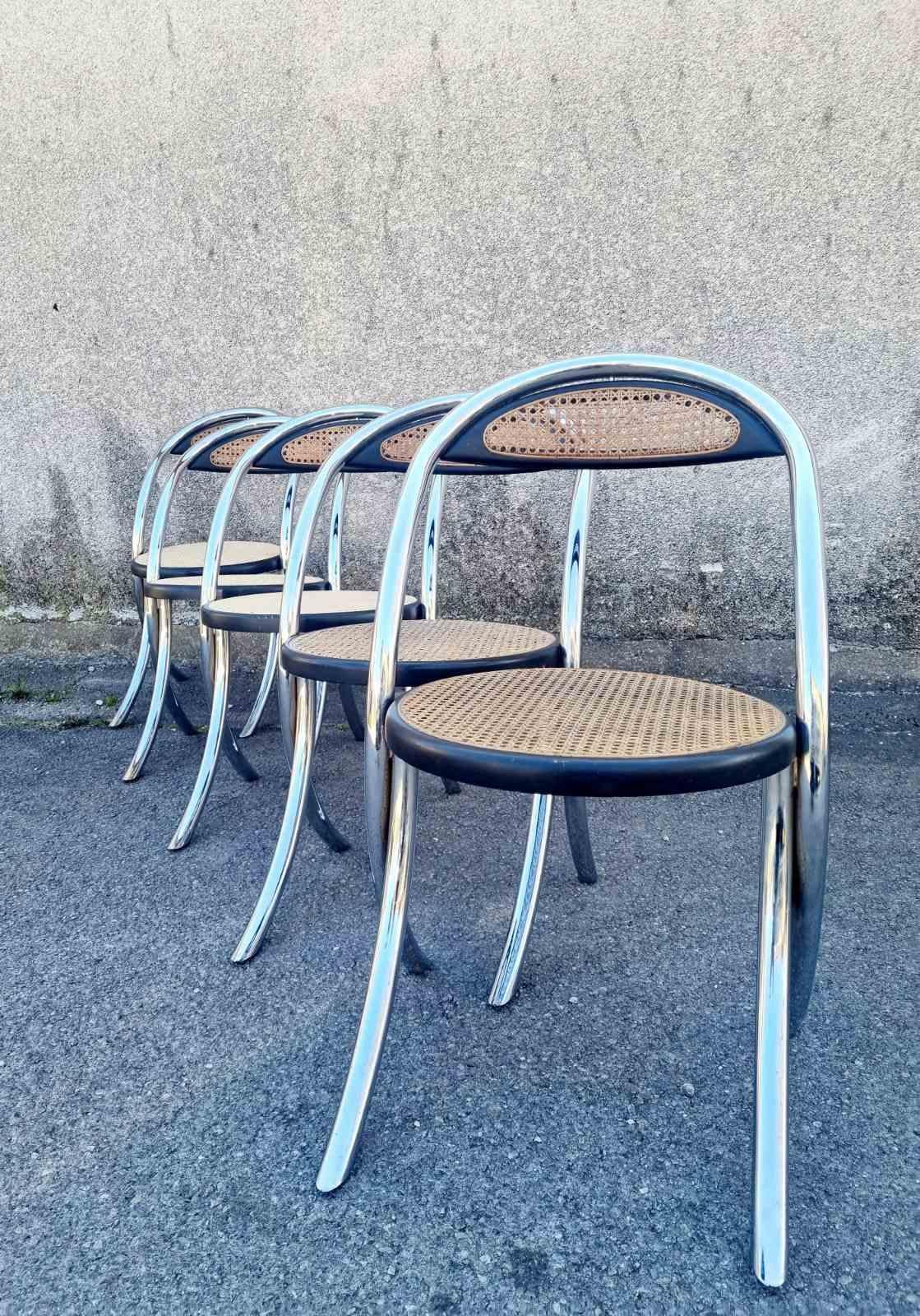 Italian Modern Tubular Steel and Wood Chairs, Italy 70s, Set of 5 For Sale 5