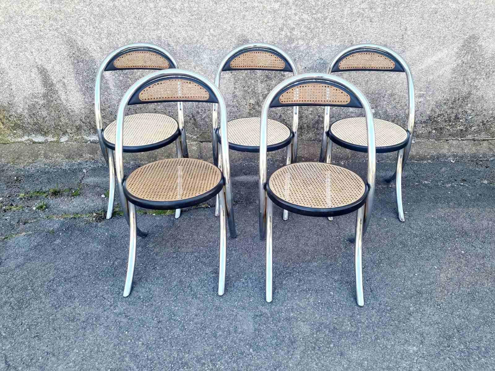 Italian Modern Tubular Steel and Wood Chairs, Italy 70s, Set of 5 For Sale 6