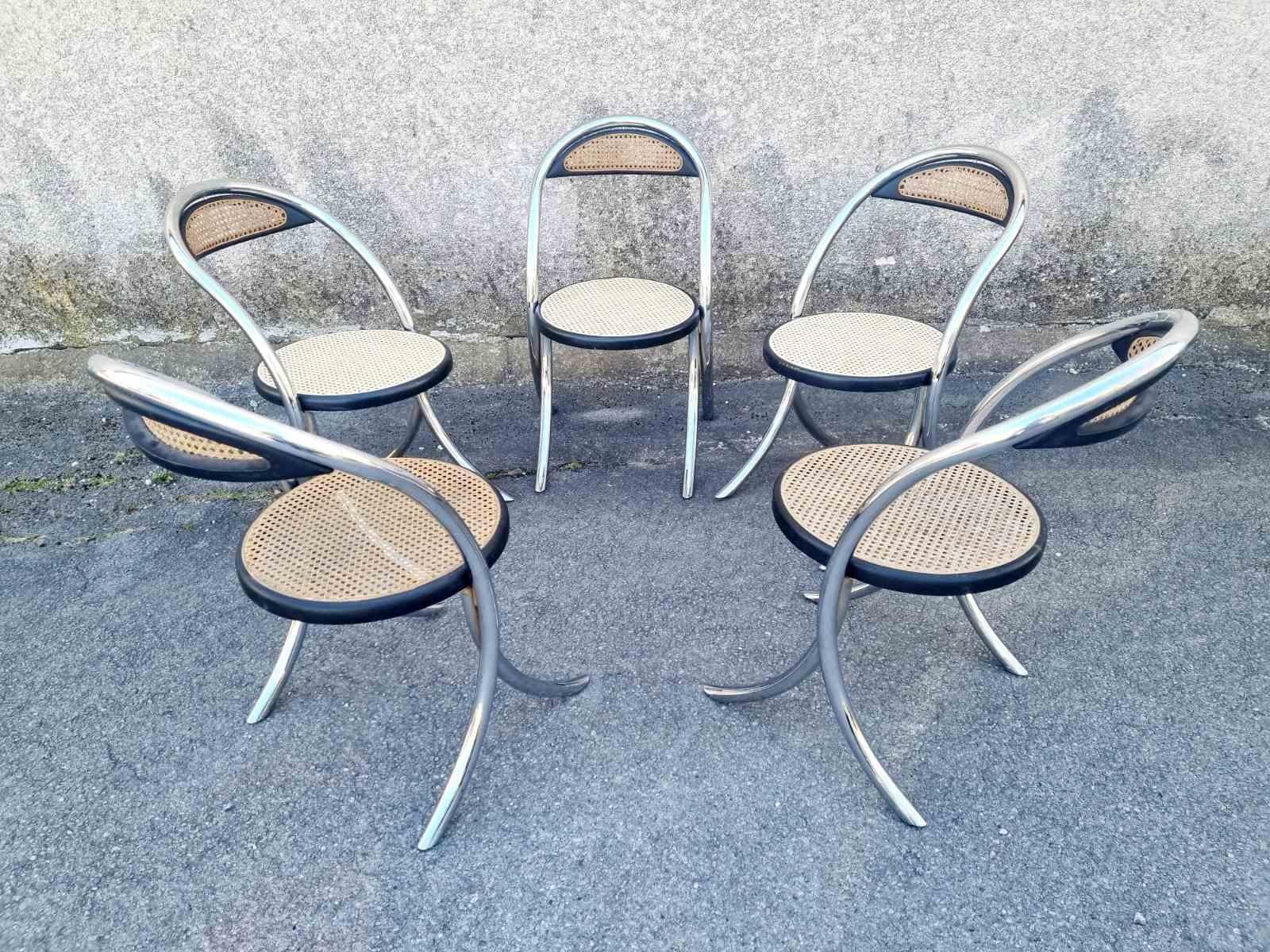 Italian Modern Tubular Steel and Wood Chairs, Italy 70s, Set of 5 For Sale 7
