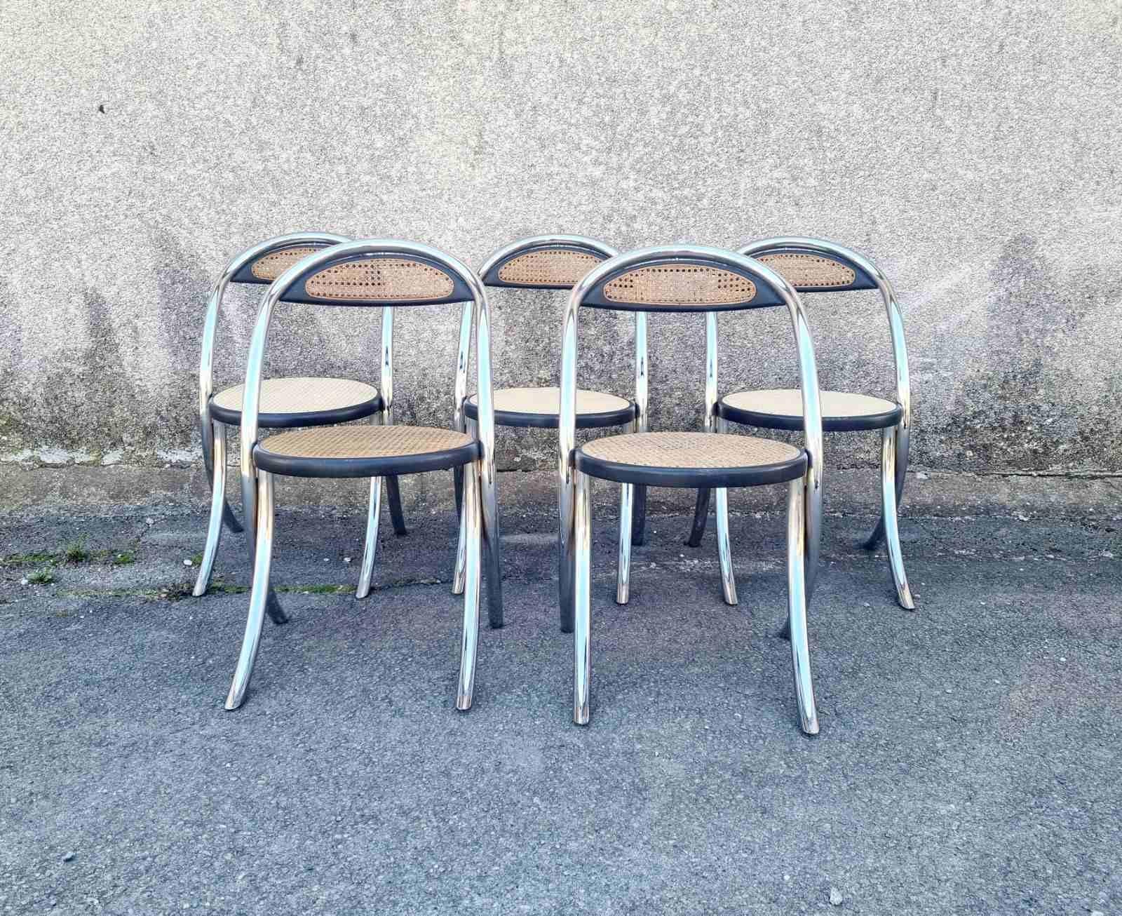 Italian Modern Tubular Steel and Wood Chairs, Italy 70s, Set of 5 For Sale 8