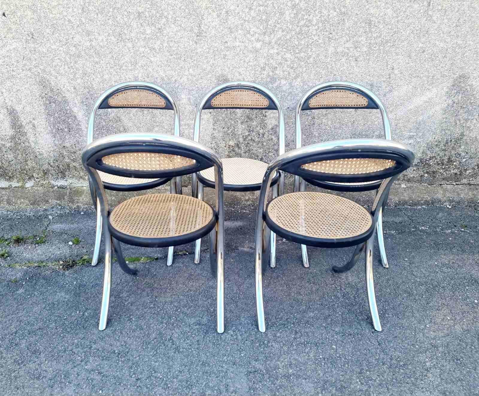 Italian Modern Tubular Steel and Wood Chairs, Italy 70s, Set of 5 For Sale 9