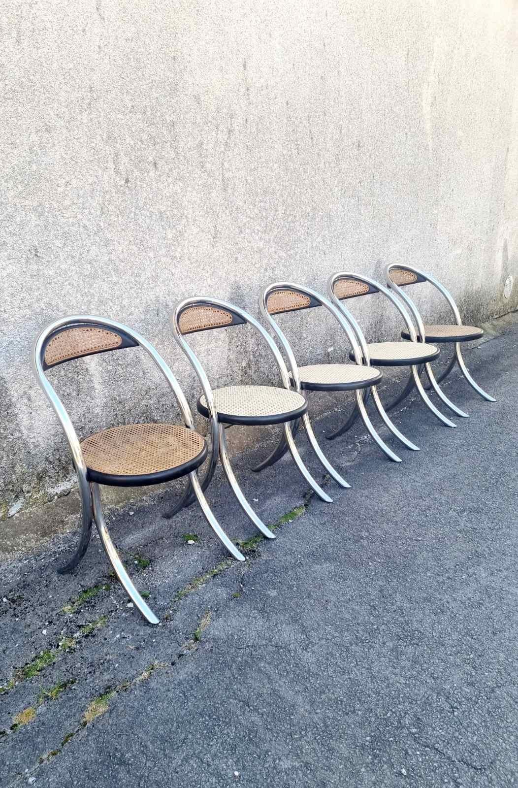 Italian Modern Tubular Steel and Wood Chairs, Italy 70s, Set of 5 For Sale 10