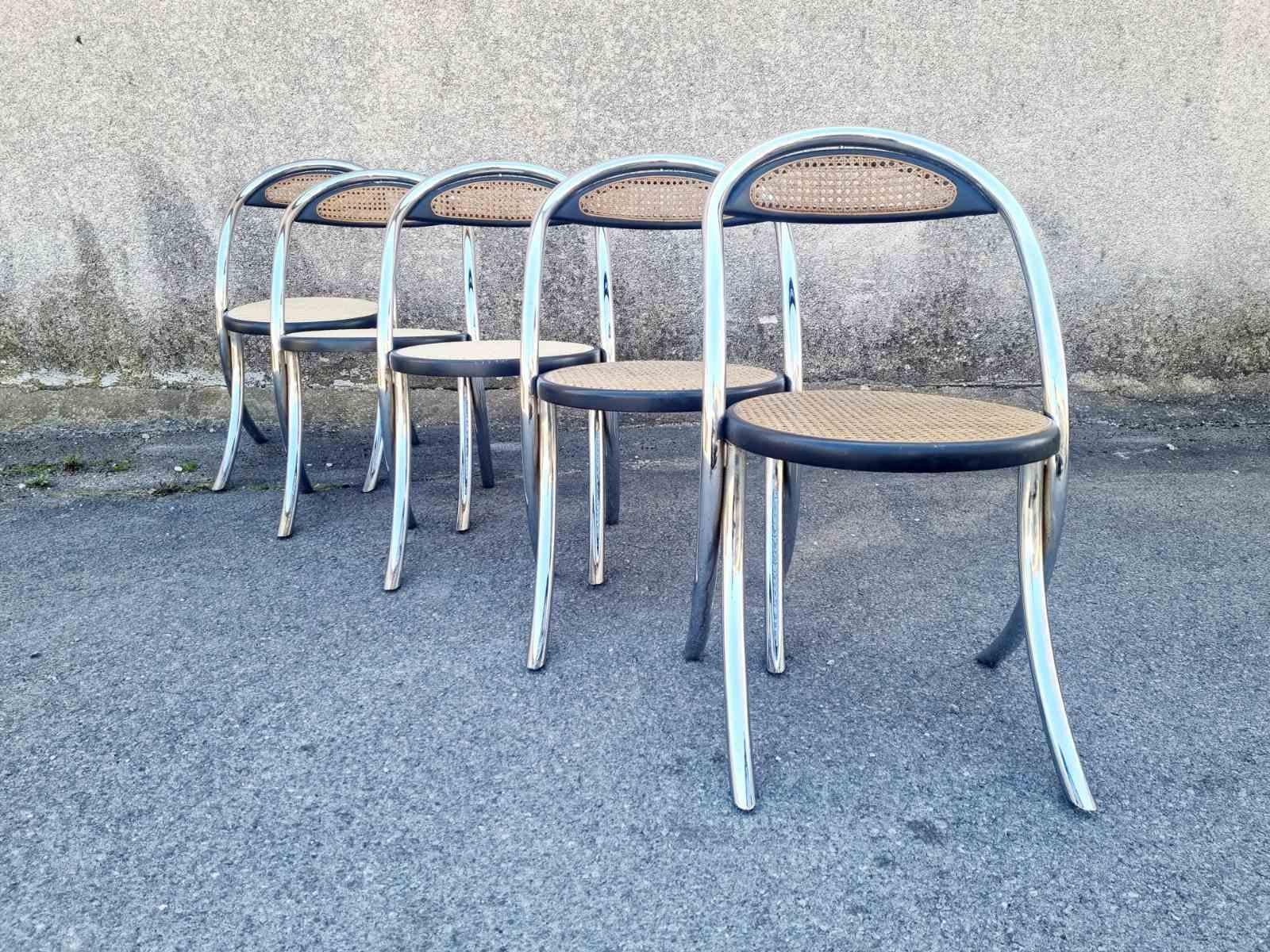 Mid-Century Modern Italian Modern Tubular Steel and Wood Chairs, Italy 70s, Set of 5 For Sale