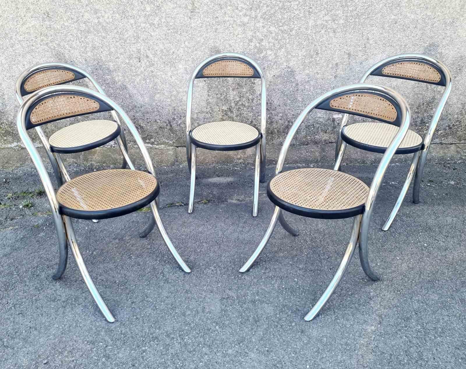 Italian Modern Tubular Steel and Wood Chairs, Italy 70s, Set of 5 In Good Condition For Sale In Lucija, SI