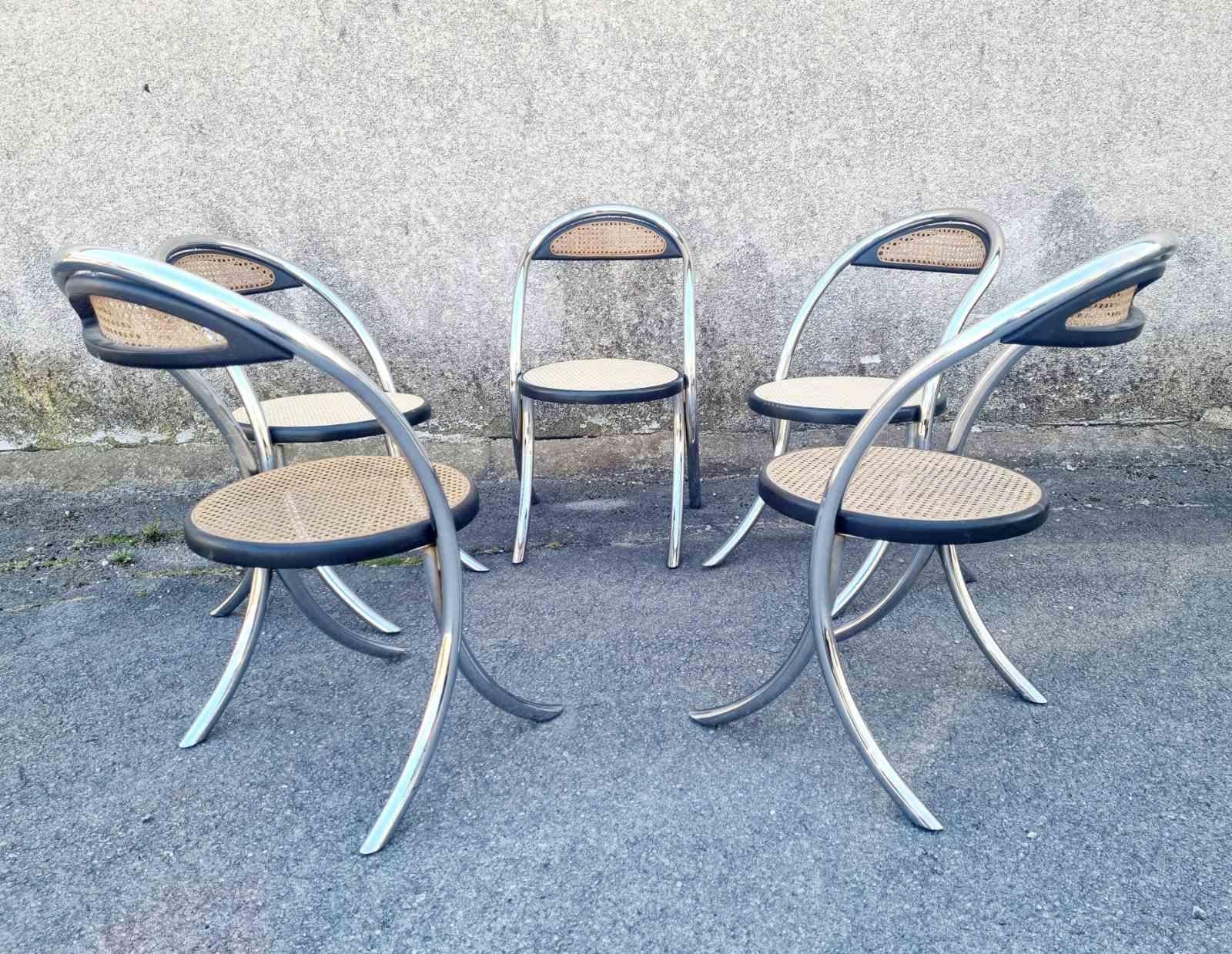 Italian Modern Tubular Steel and Wood Chairs, Italy 70s, Set of 5 For Sale 1