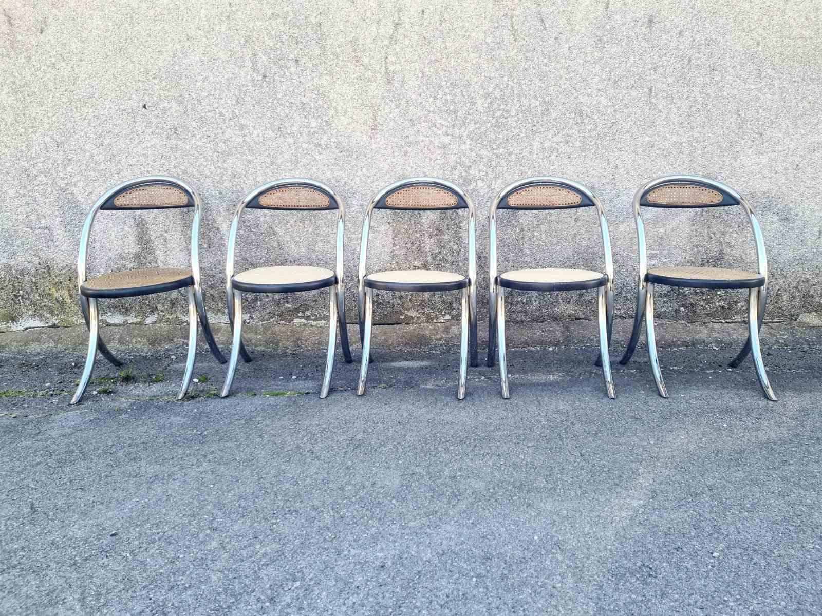 Italian Modern Tubular Steel and Wood Chairs, Italy 70s, Set of 5 For Sale 2