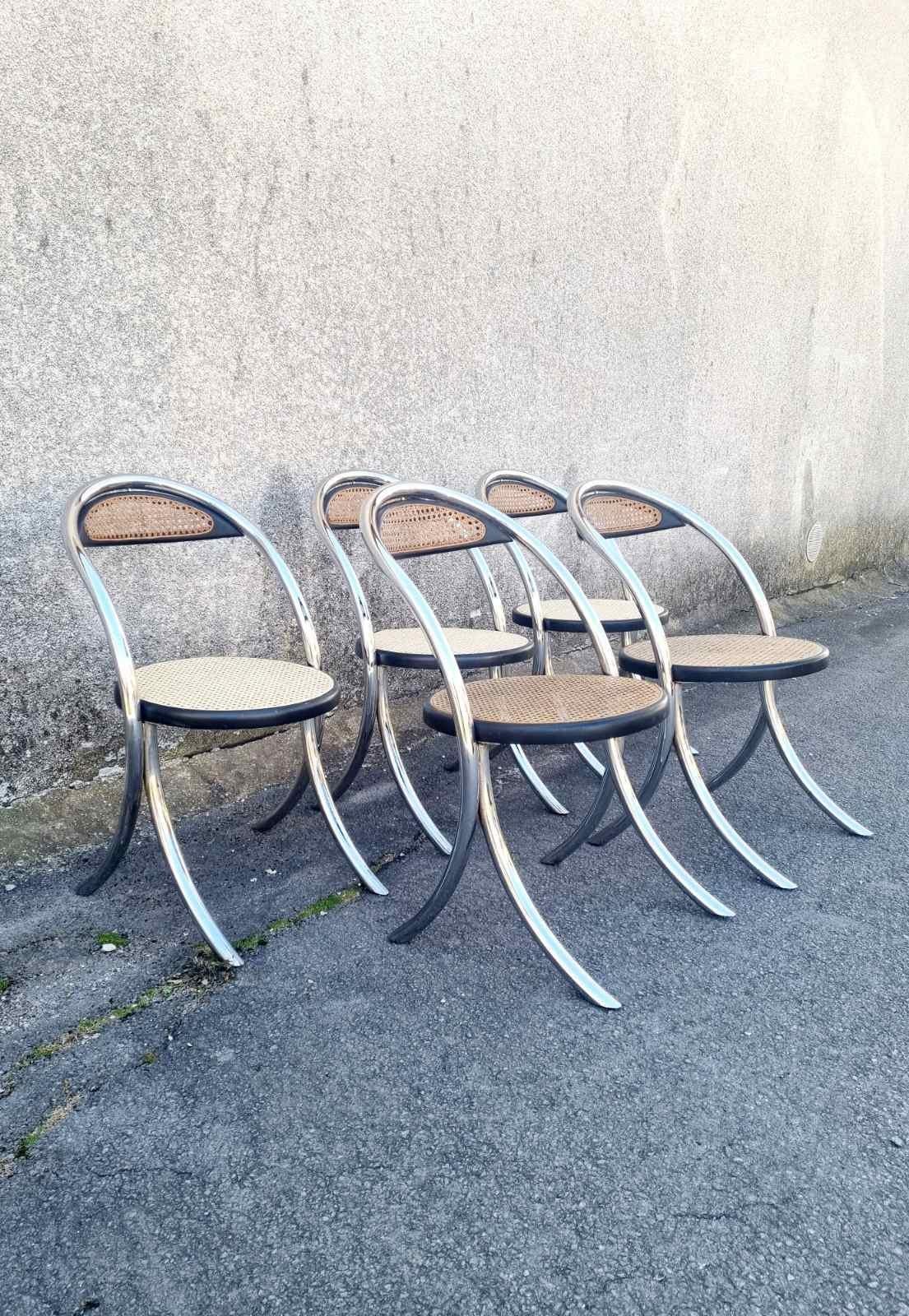 Italian Modern Tubular Steel and Wood Chairs, Italy 70s, Set of 5 For Sale 3