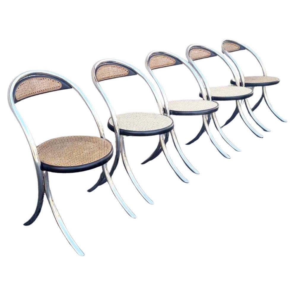 Italian Modern Tubular Steel and Wood Chairs, Italy 70s, Set of 5