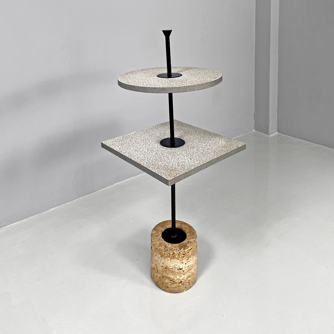 Late 20th Century Italian modern two laminate tops coffee table with travertine base, 1980s For Sale
