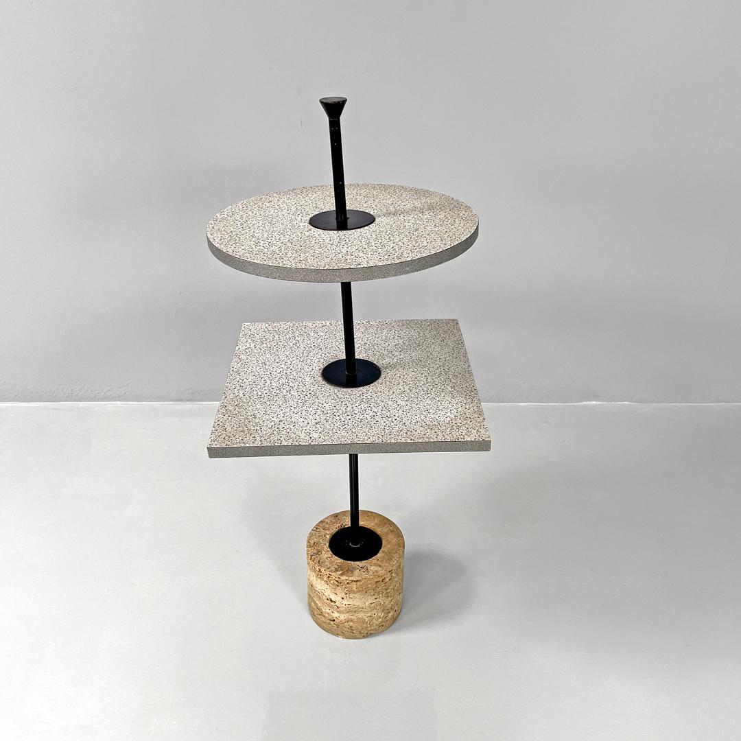 Metal Italian modern two laminate tops coffee table with travertine base, 1980s For Sale