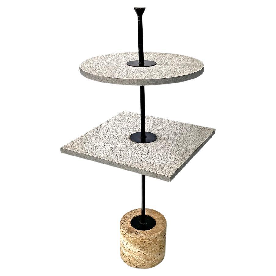 Italian modern two laminate tops coffee table with travertine base, 1980s For Sale