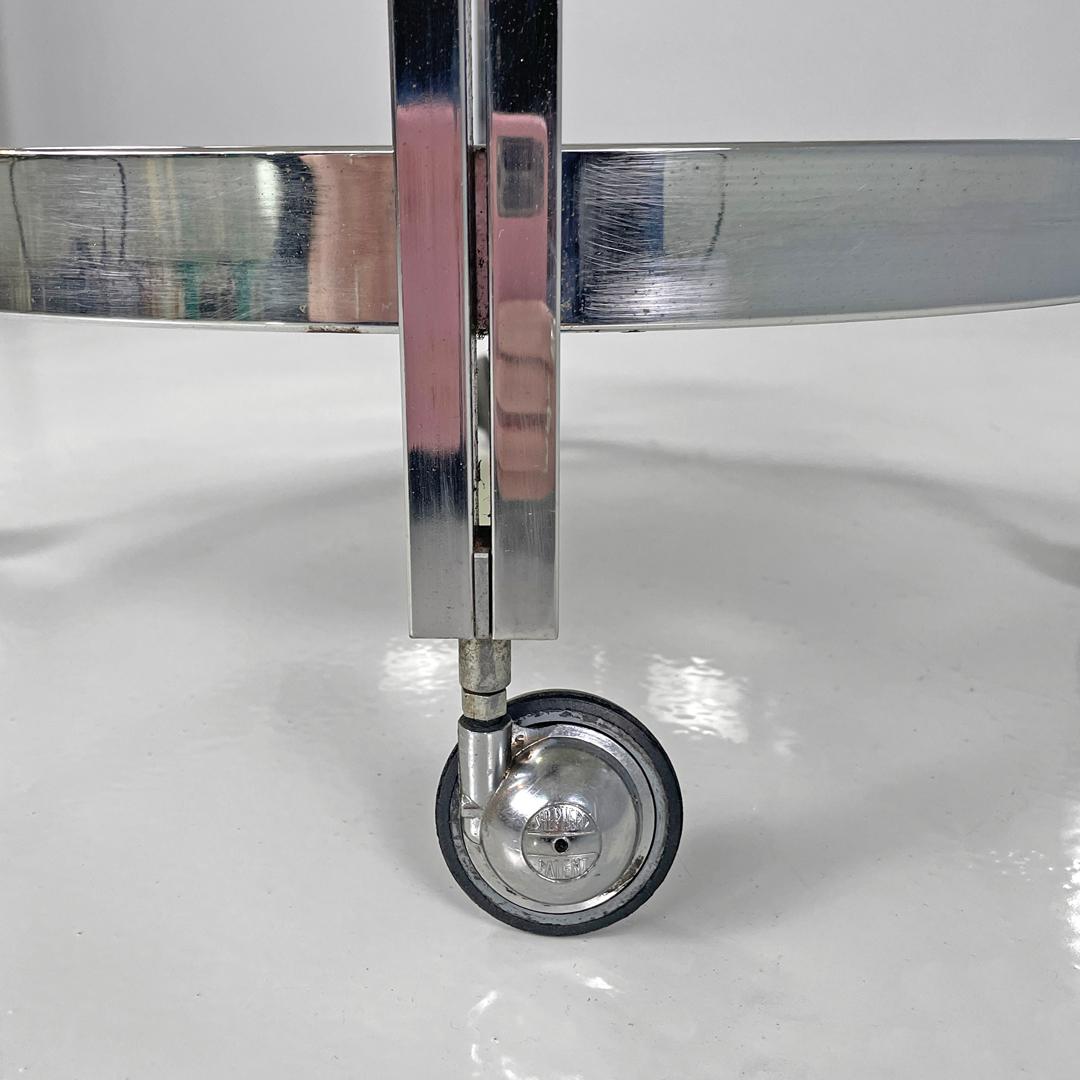 Italian modern two tops chromed metal and smoked glass cart with wheels, 1970s For Sale 13