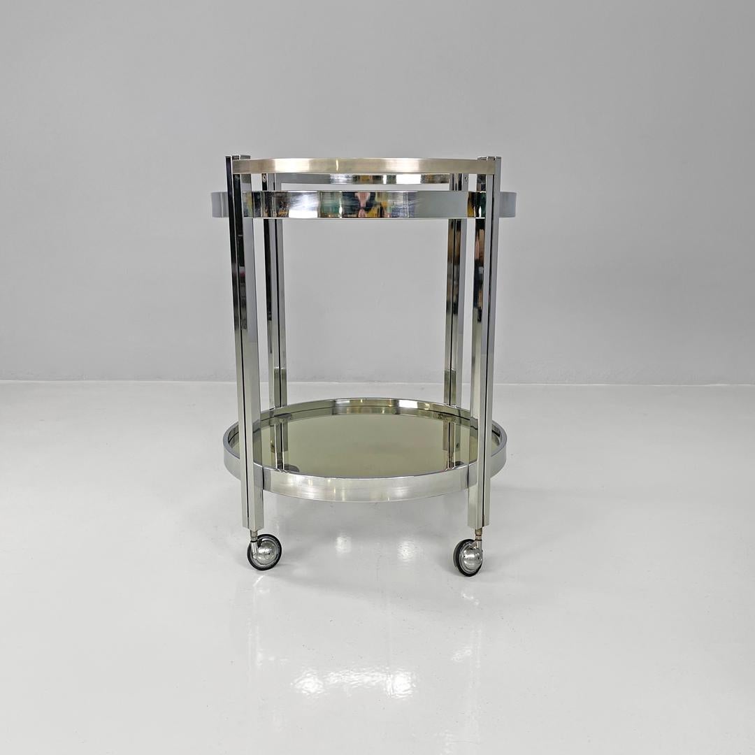 Late 20th Century Italian modern two tops chromed metal and smoked glass cart with wheels, 1970s For Sale