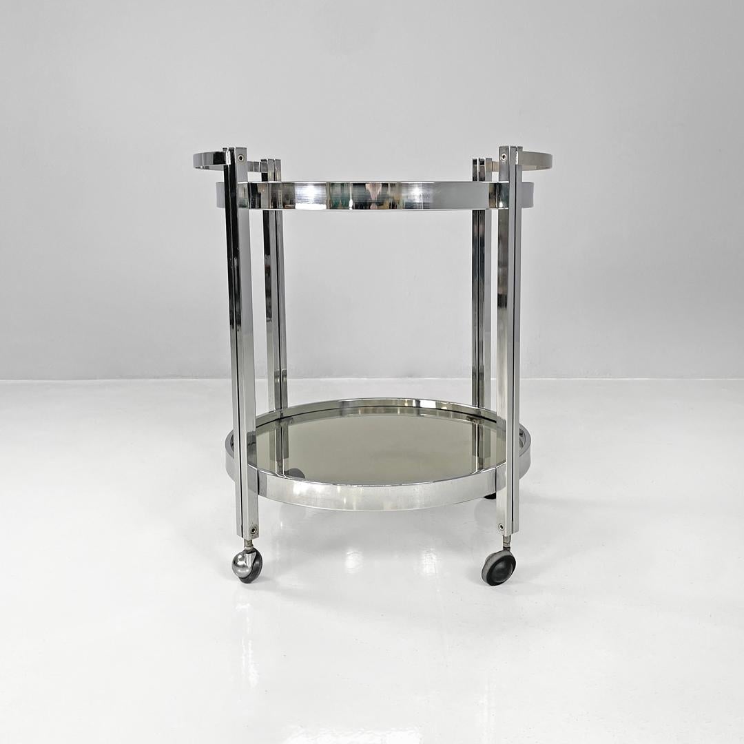 Italian modern two tops chromed metal and smoked glass cart with wheels, 1970s For Sale 2