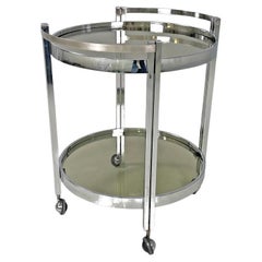 Retro Italian modern two tops chromed metal and smoked glass cart with wheels, 1970s