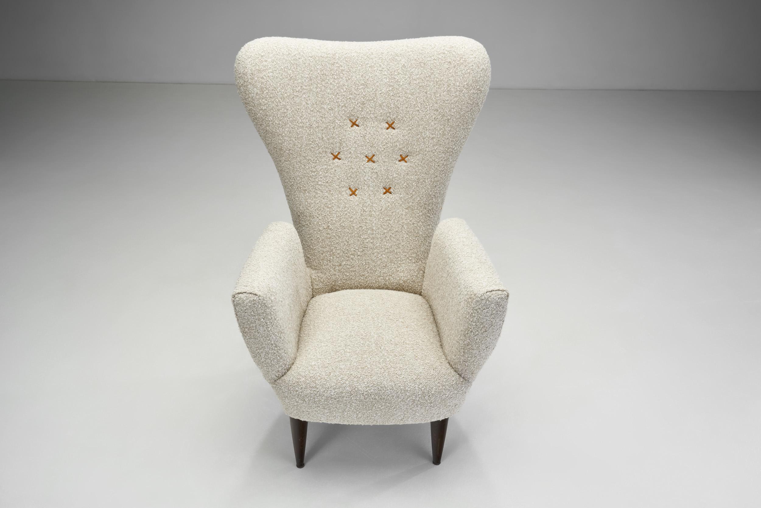 Bouclé Italian Modern Upholstered High-Back Armchairs with Cross Stitches, Italy 1960s For Sale