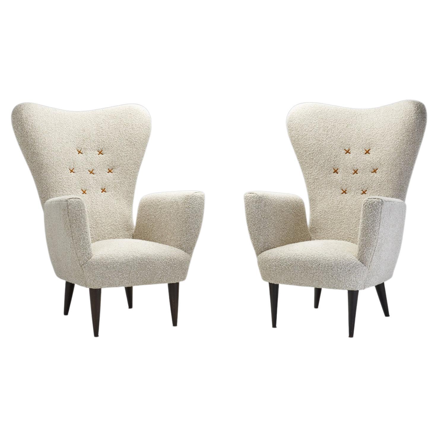 Italian Modern Upholstered High-Back Armchairs with Cross Stitches, Italy 1960s For Sale
