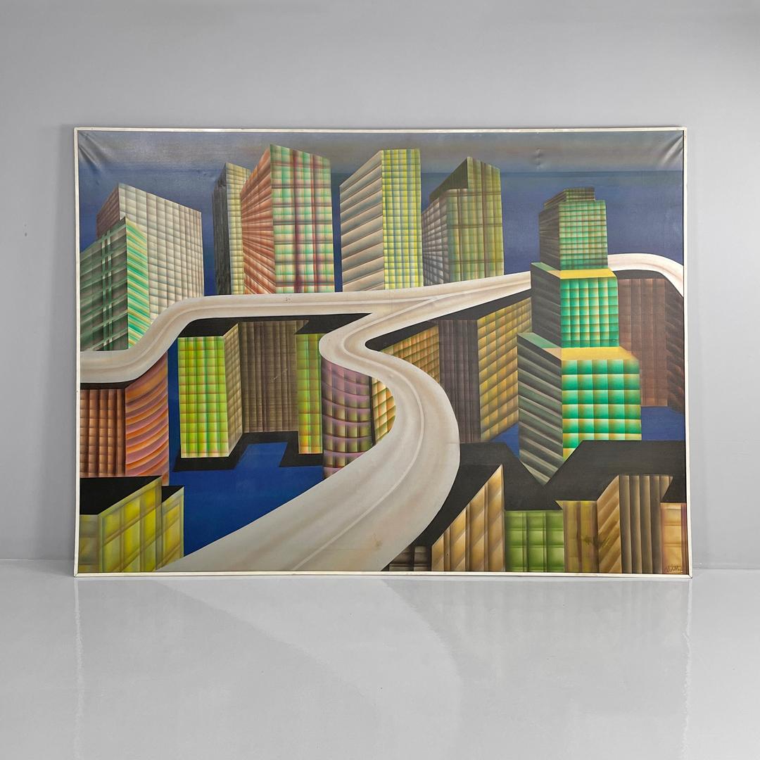 Paysage urbain moderne italien peint à l'aérographe par Alvise Besutti, années 1980
Peinture avec cadre rectangulaire réalisée à l'aérographe. Le tableau représente un paysage urbain avec des gratte-ciel traversés par une route, les lignes sont