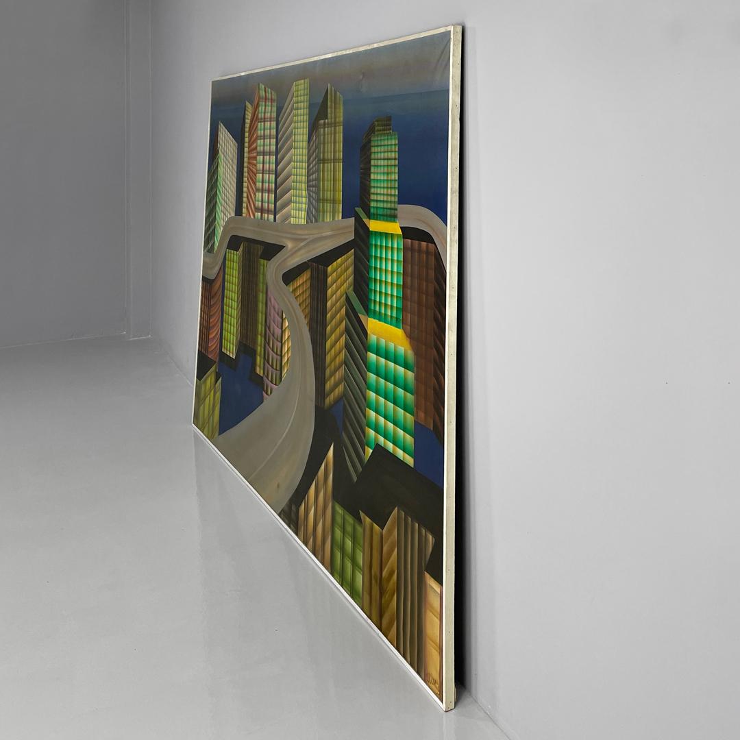 Italian modern urban landscape airbrush painting by Alvise Besutti, 1980s In Good Condition For Sale In MIlano, IT